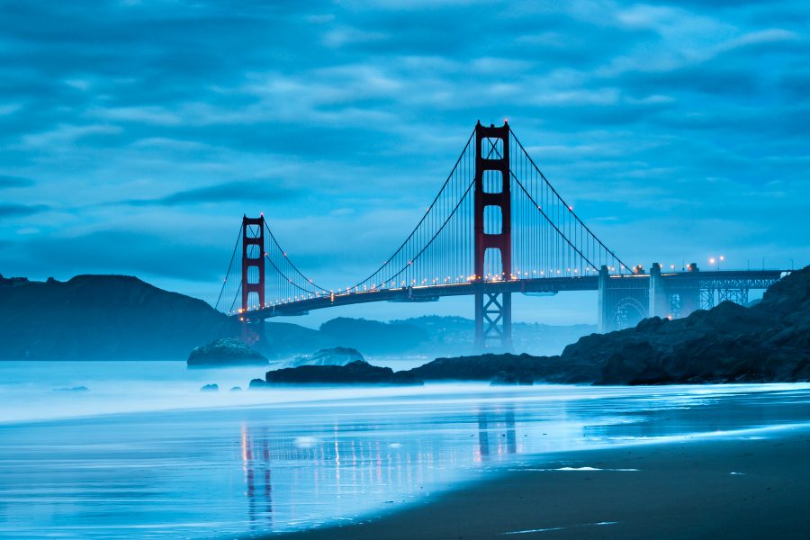 I went to Baker Beach hoping to catch the Golden Gate Bridge at sunset, but it was too cloudy. I was leaving but saw the amazing clouds and the lights of the bridge and had to take some shots.